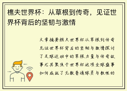 樵夫世界杯：从草根到传奇，见证世界杯背后的坚韧与激情